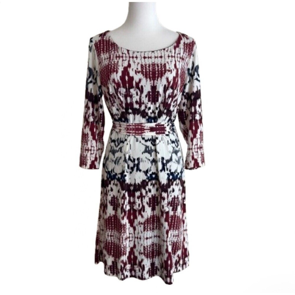 Halo Ikat Print Dress M Tie Waist 3/4 Sleeve Boho Fit Flare Lined